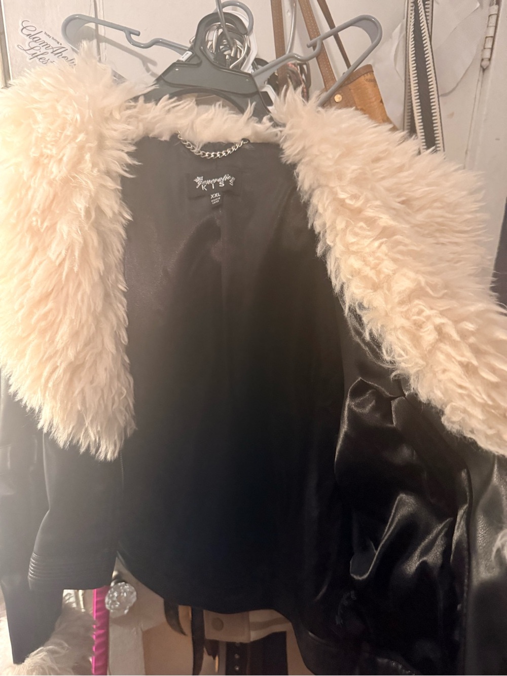 Dolls Kill Black Faux Leather Jacket with Cream Faux Fur Collar
